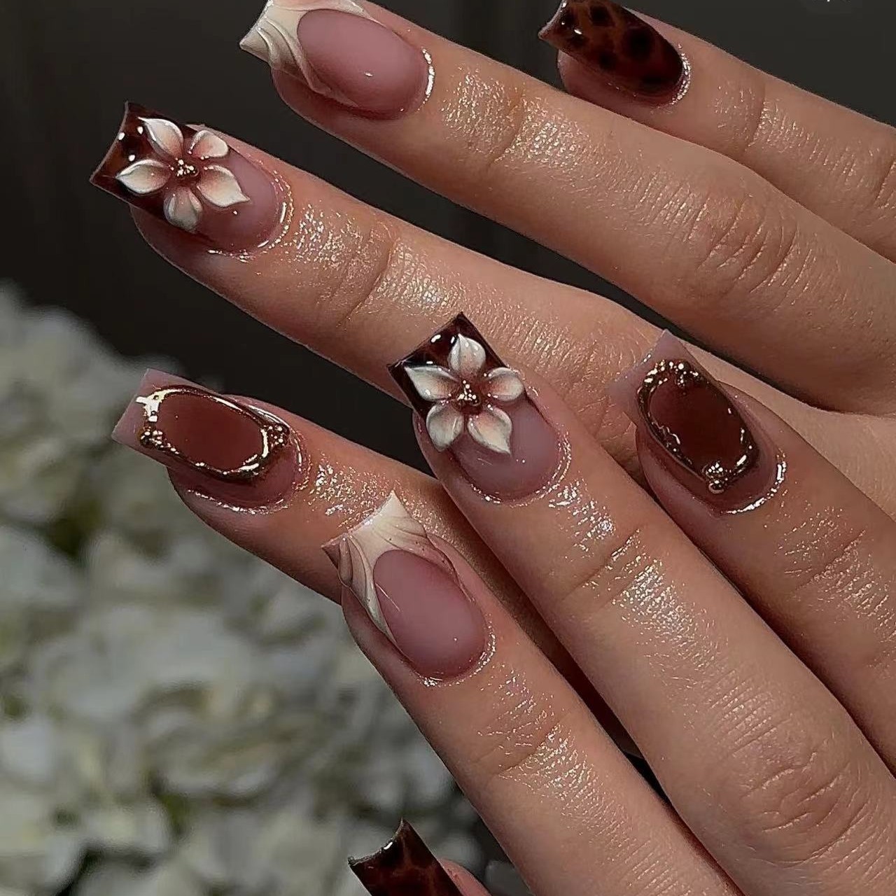 Pressed Flower Art - أظافر صناعية قصيرة مربعة الشكل للنساء
